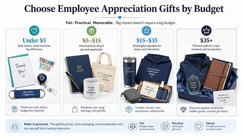 Employee appreciation gifts by budget infographic showing gift ideas for under $5, $5–$15, $15–$35 and $35+ per employee