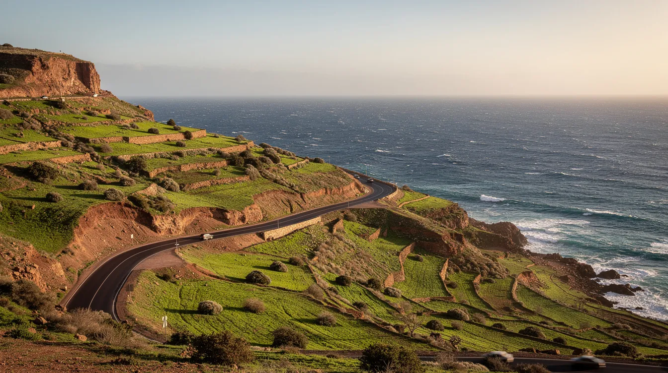 A winding coastal road between green hills with the Atlantic Ocean in the background.