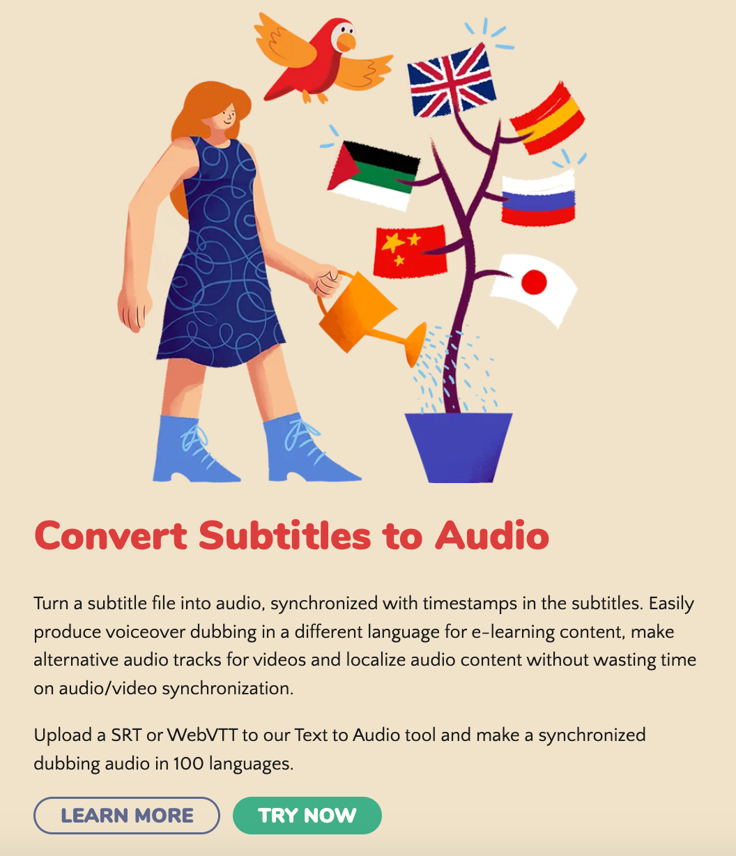 narakeet feature convert subtitle into audio