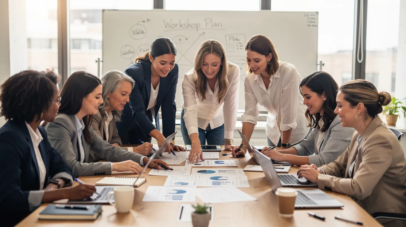 The image depicts a diverse group of women engaged in a workshop setting, collaboratively reviewing documents and sharing insights. This gathering highlights their commitment to professional development and empowerment as female entrepreneurs, fostering a supportive community for business ownership and leadership development.