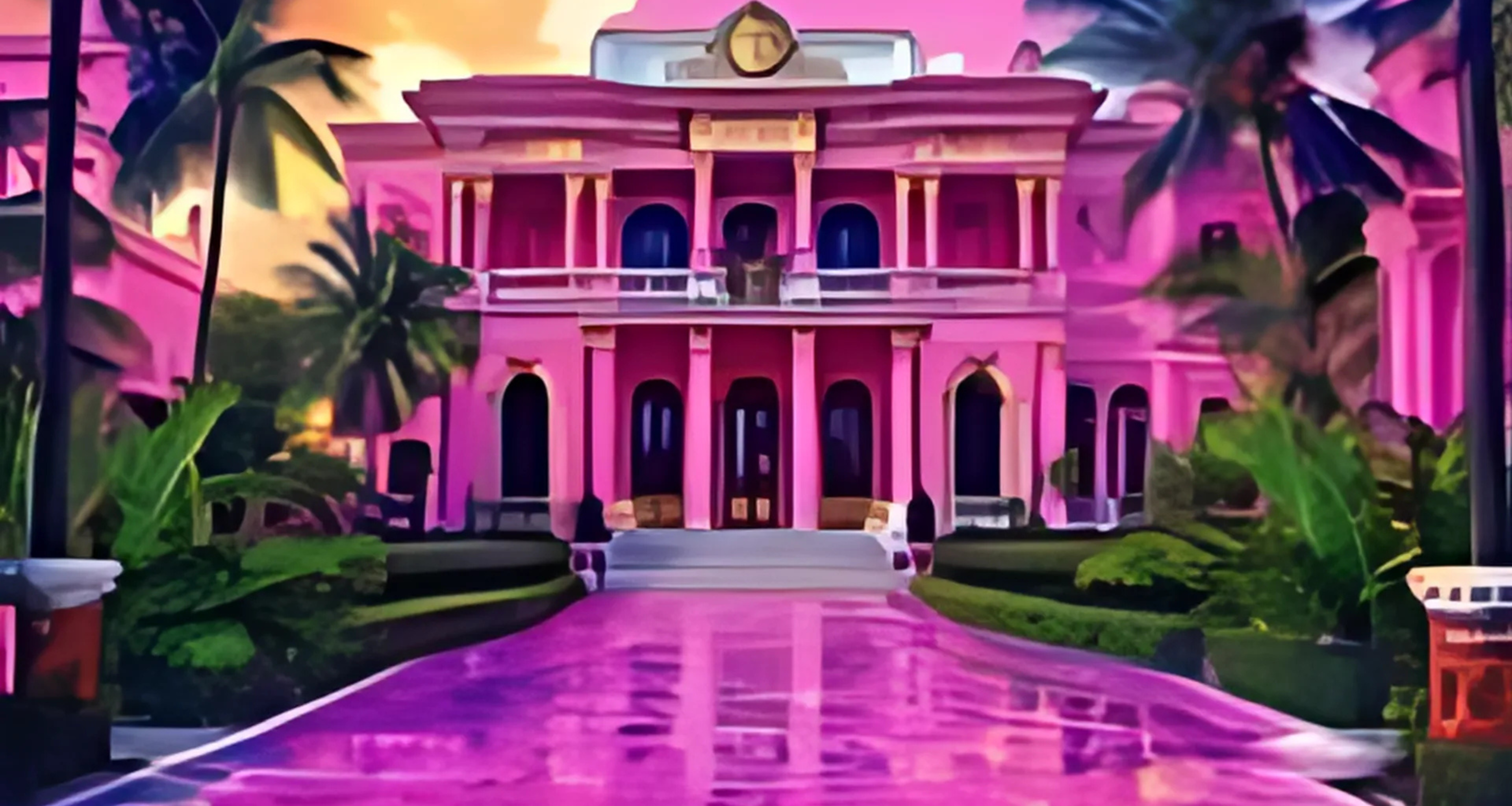 A vibrant pink mansion with grand columns and arched windows, surrounded by lush greenery and palm trees, reflecting on a glossy pathway.