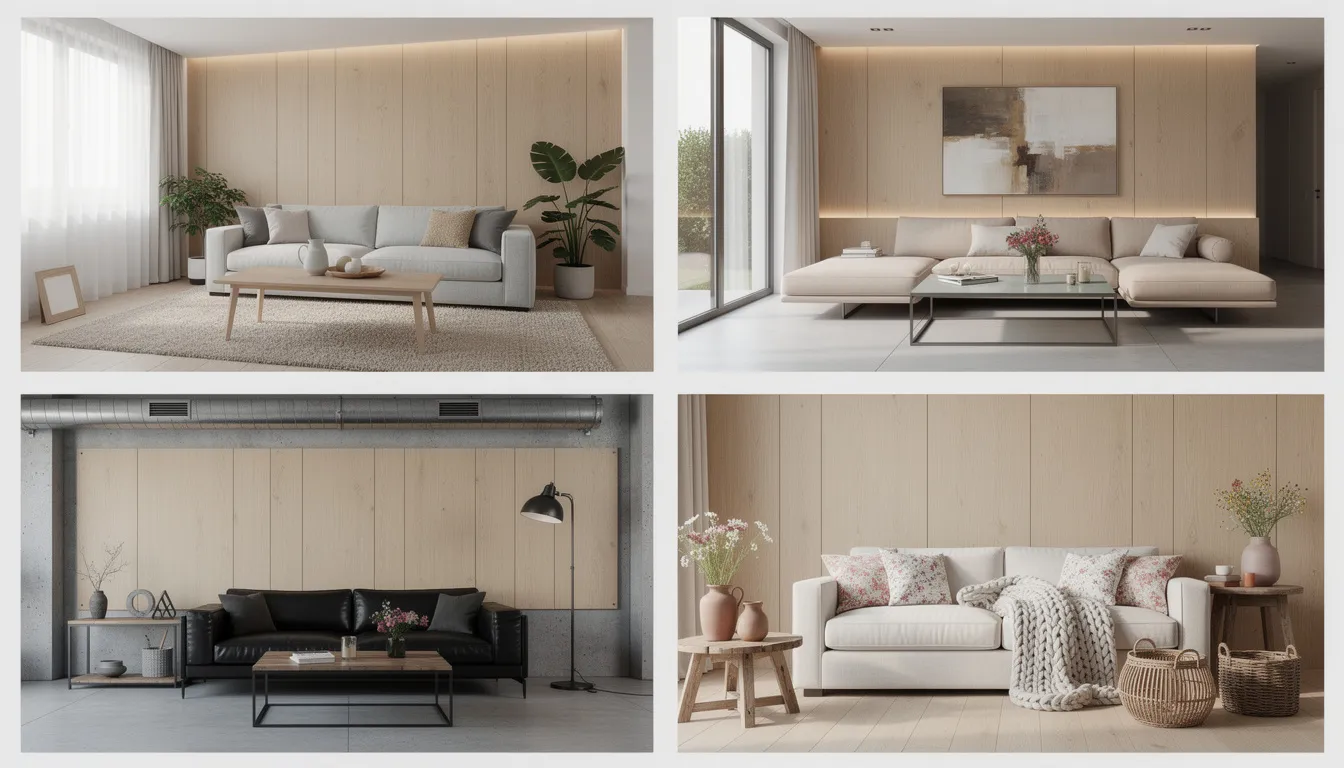 Een collage van vier woonkamers die elk zijn ingericht met eiken wandpanelen in verschillende stijlen: Scandinavisch, modern, industrieel en landelijk. De eiken panelen geven elke ruimte een warme en stijlvolle uitstraling, terwijl ze ook bijdragen aan de akoestiek van de kamers.