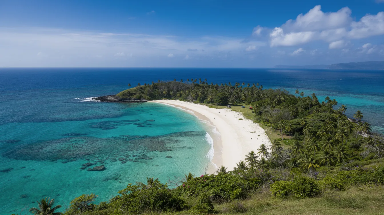 Vista de uma pequena ilha tropical com uma praia de areia branca e águas cristalinas de tom turquesa, observada do alto de uma colina. Este cenário paradisíaco remete aos destinos de férias na Tailândia, como Koh Phi Phi e Koh Samui, atraindo turistas em busca de tranquilidade e beleza natural.