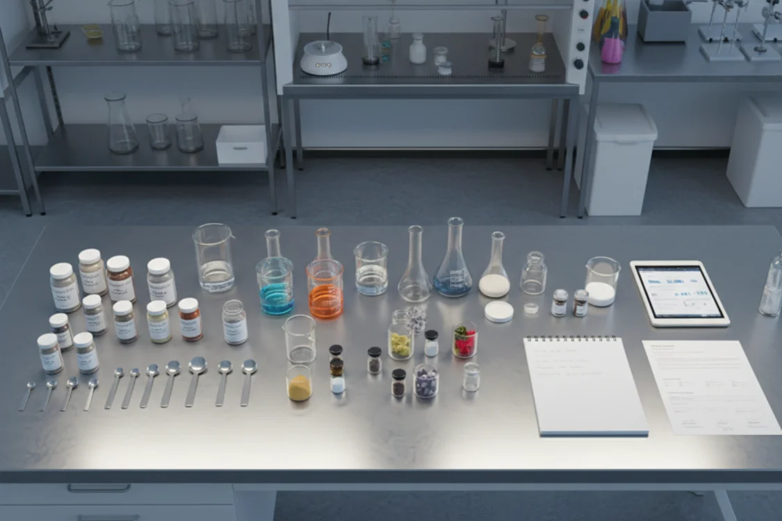 Workspace with tools used through each step of supplement formulation.