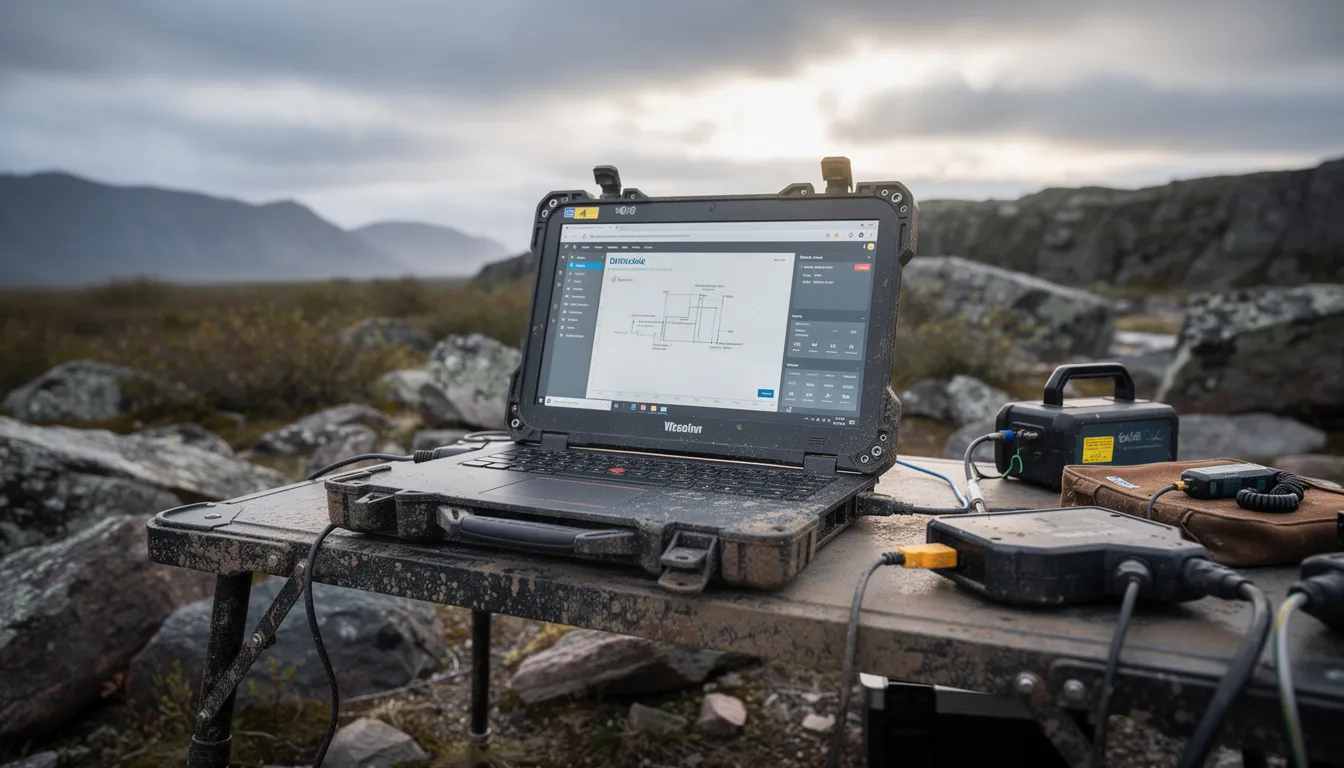The image depicts a rugged laptop positioned in a remote outdoor work location, showcasing its durability and reliable performance in harsh environments. This laptop, ideal for industrial use, is equipped for running Linux, providing powerful processing capabilities necessary for professionals working in extreme conditions.