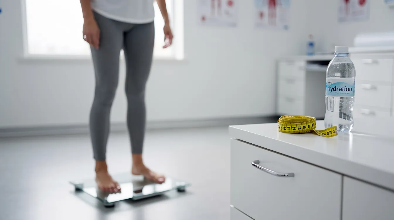 A person is stepping onto a scale in a bright, modern medical office, with a measuring tape and a water bottle on a nearby counter, suggesting a focus on weight management and body contouring procedures. The scene conveys a sense of care and attention to health and wellness.