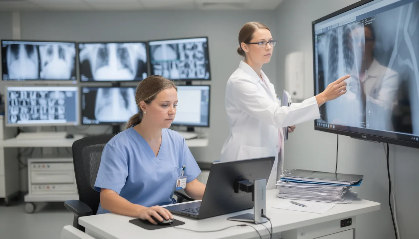En medicinsk personal arbetar vid en dator i en röntgenmiljö, där bilder av lungorna tas för att utföra en röntgenundersökning. Detta är en viktig del av diagnosen av olika sjukdomar, inklusive lunginflammation och andra förändringar i kroppen.