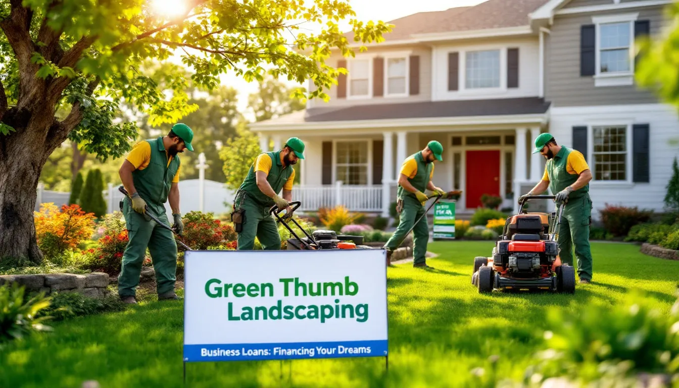 A hardworking landscaping and lawn care crew is seen tending to a new homeowner's yard, showcasing the importance of business loans for landscaping companies to thrive. This image represents how small business loans can provide the necessary funding options for equipment financing and expanding services.