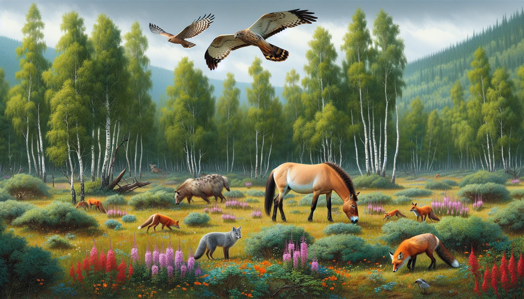 Illustration of the diverse flora and fauna in Hustai National Park