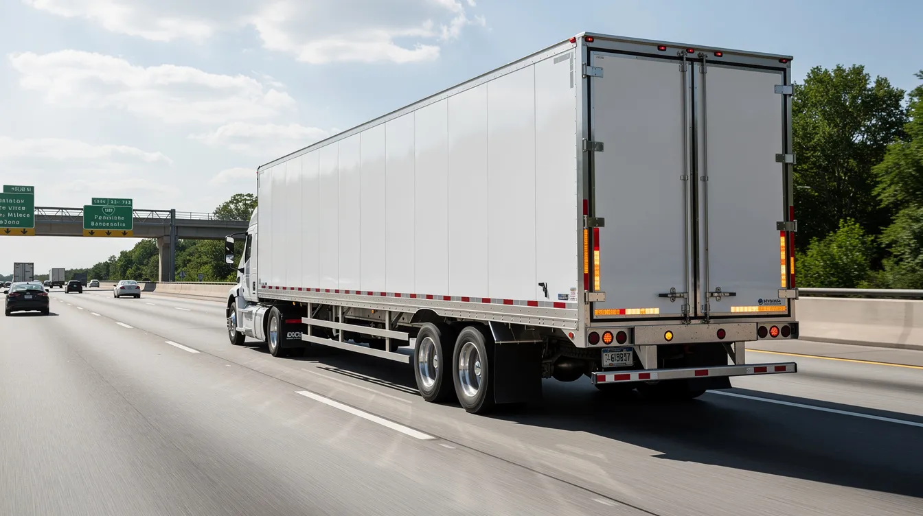 An enclosed white car carrier trailer is seen traveling on an interstate highway, symbolizing expedited car shipping services for transporting vehicles. This image represents the auto transport industry and the efficiency of expedited vehicle shipping methods.