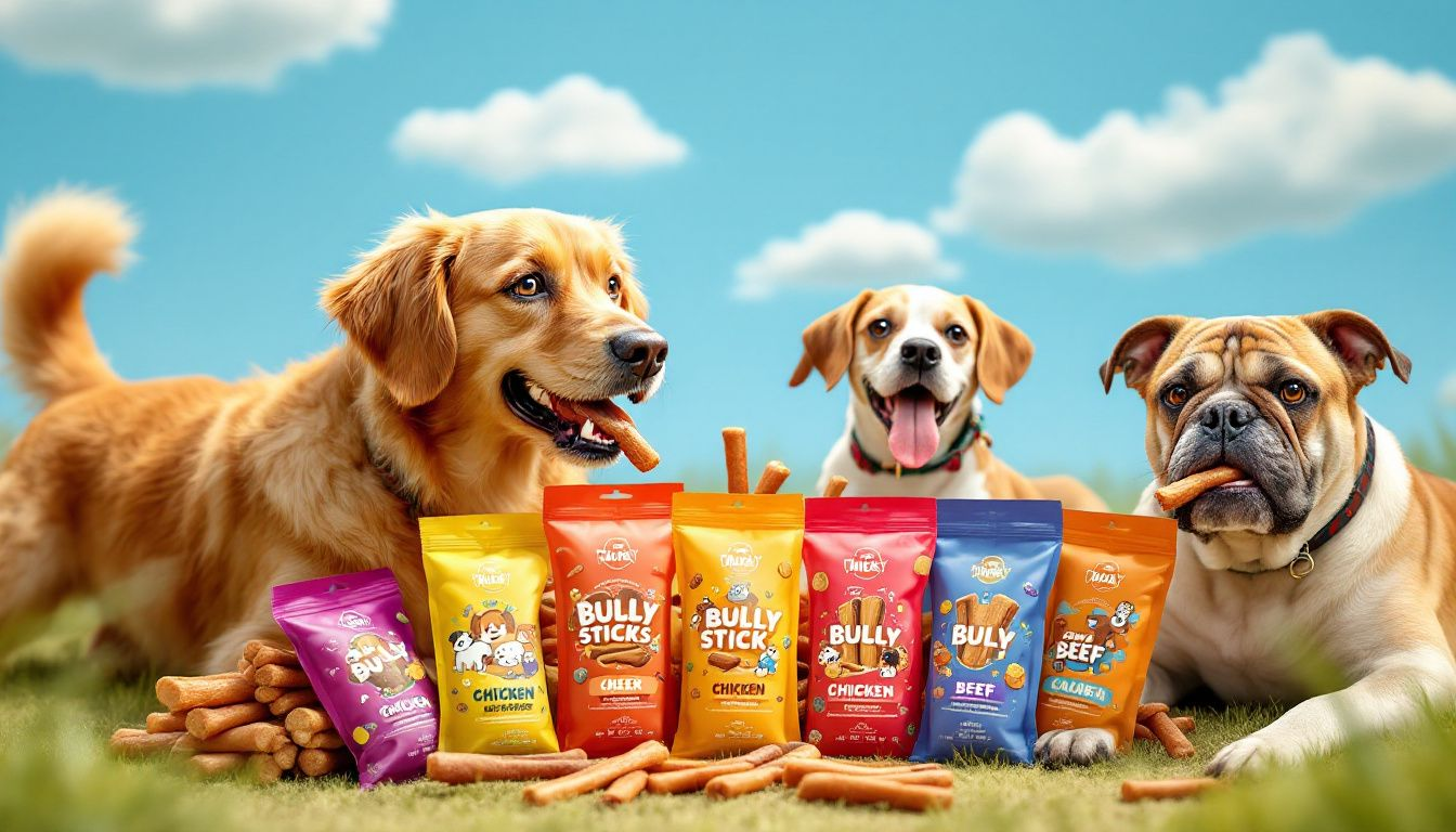 A selection of flavored bully sticks in colorful packaging.