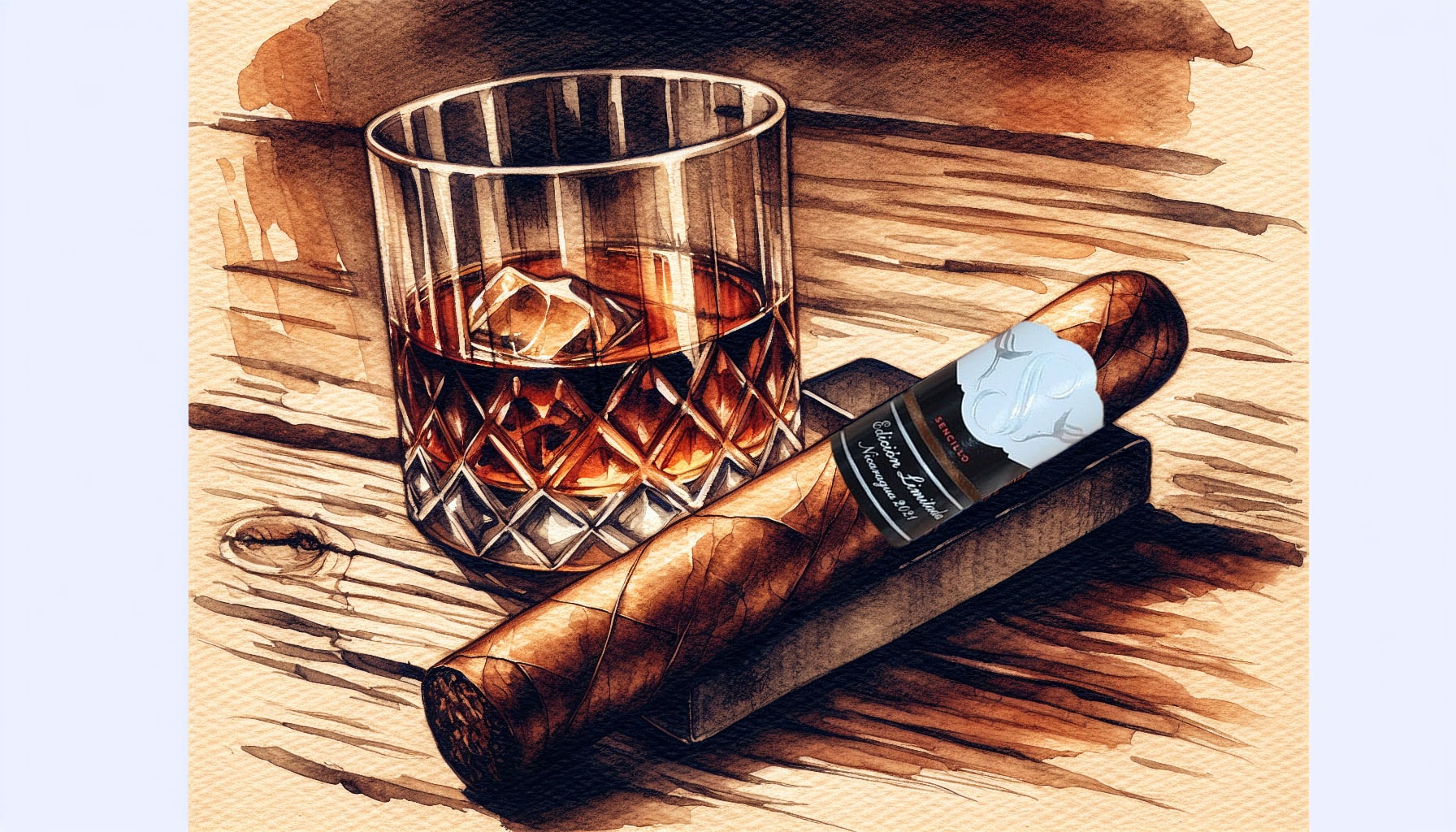 A watercolor painting of a Sencillo Black Limited Release Lancero cigar next to a glass of whiskey, highlighting the smoking experience.