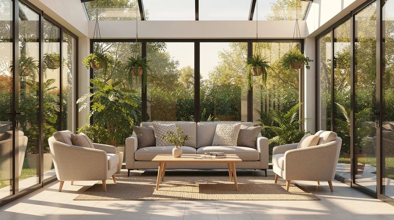 The image depicts a bright sunroom enclosed in glass, featuring comfortable seating and lush plants, with soft afternoon light streaming through large windows. This inviting space is perfect for enjoying natural light while providing protection from harmful UV rays and reducing glare, making it an ideal spot for relaxation and leisure.