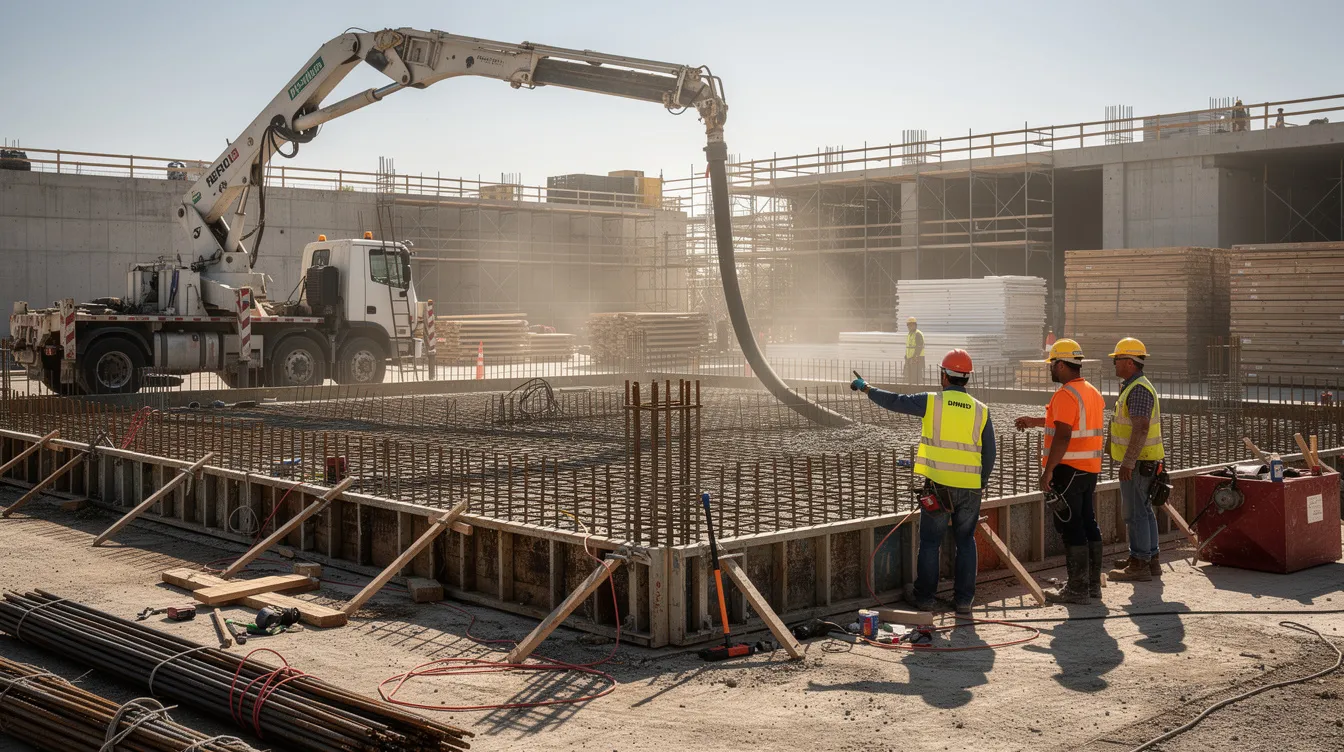 Construction workers gathered near a concrete pump truck on a commercial jobsite with forms and rebar visible.