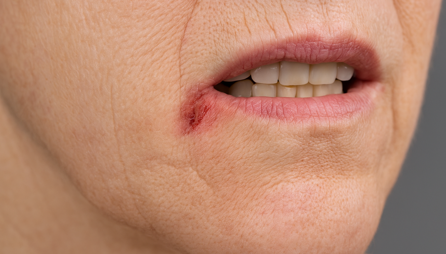 Angulær cheilitt: Sår i munnviken du ikke bør ignorere 21 Nærbilde av munnvik med rød, betent sårskade som viser angulær cheilitt.