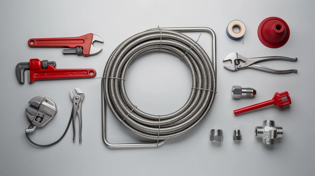 The image features a coiled drain snake cable alongside various plumbing tools, all neatly arranged on a clean work surface, suggesting preparation for drain cleaning services. This setup indicates readiness for tackling plumbing issues such as slow drains or recurring clogs in multiple drains.