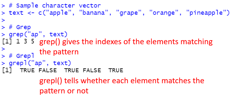 Comparing the output of grep() and grepl() functions