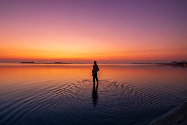 person standing in water looking at sunrise