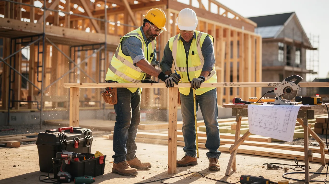An apprentice tradesperson is seen collaborating with a mentor on a construction site, actively engaging in hands-on experience while learning essential project management skills. This interaction highlights the importance of mentorship in the construction industry, where aspiring construction superintendents gain valuable insights into managing complex projects and adhering to safety regulations.