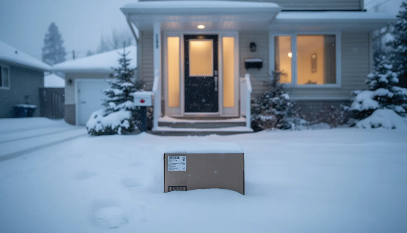 A delivery package sits on a snowy doorstep in a picturesque winter Canadian scene, ready to be unboxed. The package likely contains a self care subscription box filled with amazing goodies such as essential oils, bath salts, and trendy accessories, perfect for enhancing well-being during the cold season.