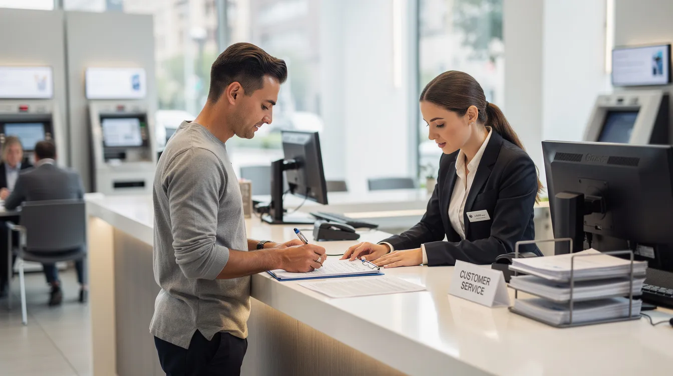 A person is seated at a bank branch counter in India, completing paperwork while a bank employee assists them with questions about managing their accounts and credit card services. The setting reflects a typical interaction at a Reserve Bank of India location.