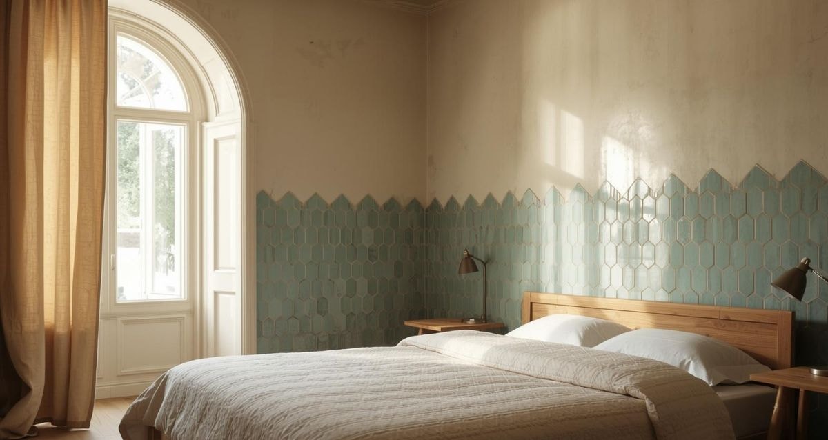 Retro tile gives this bedroom a calm, serene feel.
