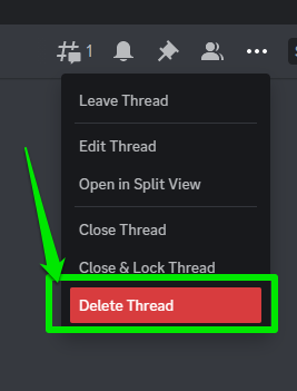 Closeup image showing the delete thread option on Discord