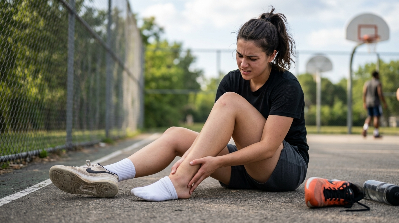 Athlete sitting on basketball court gripping injured ankle in pain