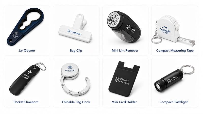 Small problem-solving giveaways such as a jar opener, bag clip, lint remover, measuring tape, shoehorn, bag hook, card holder, and flashlight