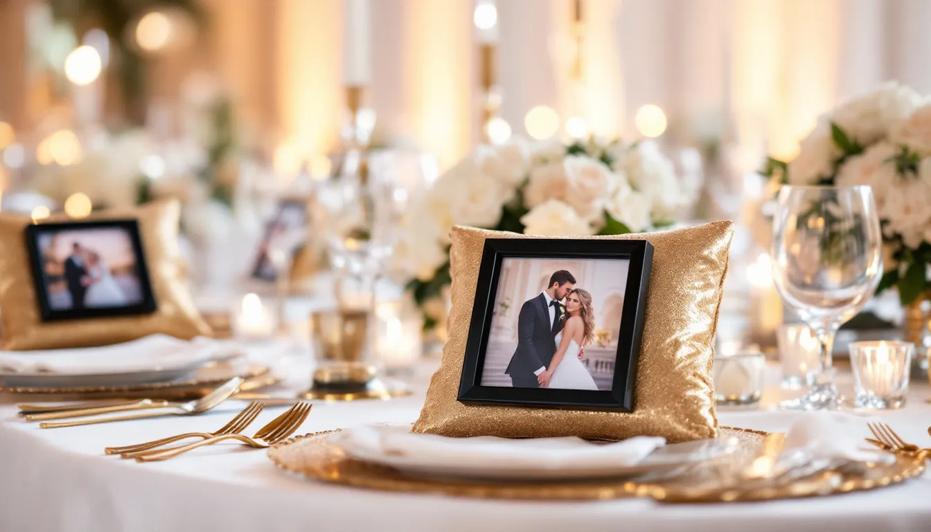The image features elegantly arranged wedding reception tables adorned with gold sequin pillows, each displaying personalized engagement photos, creating a beautiful decoration for the special occasion. The shimmering sequins add a touch of glamour to the setting, making it a perfect choice for celebrating love with friends and family.