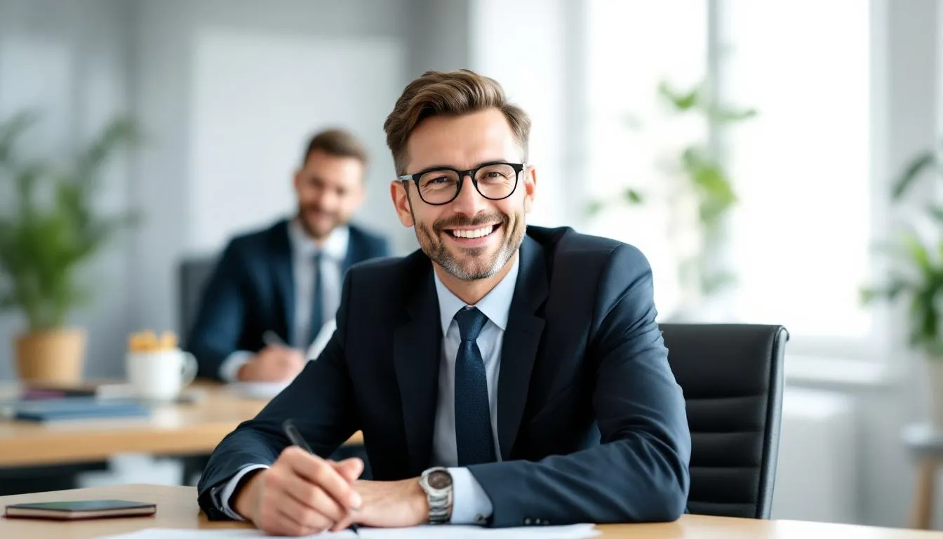 A satisfied client sharing their positive experience with a blurred attorney in the background.
