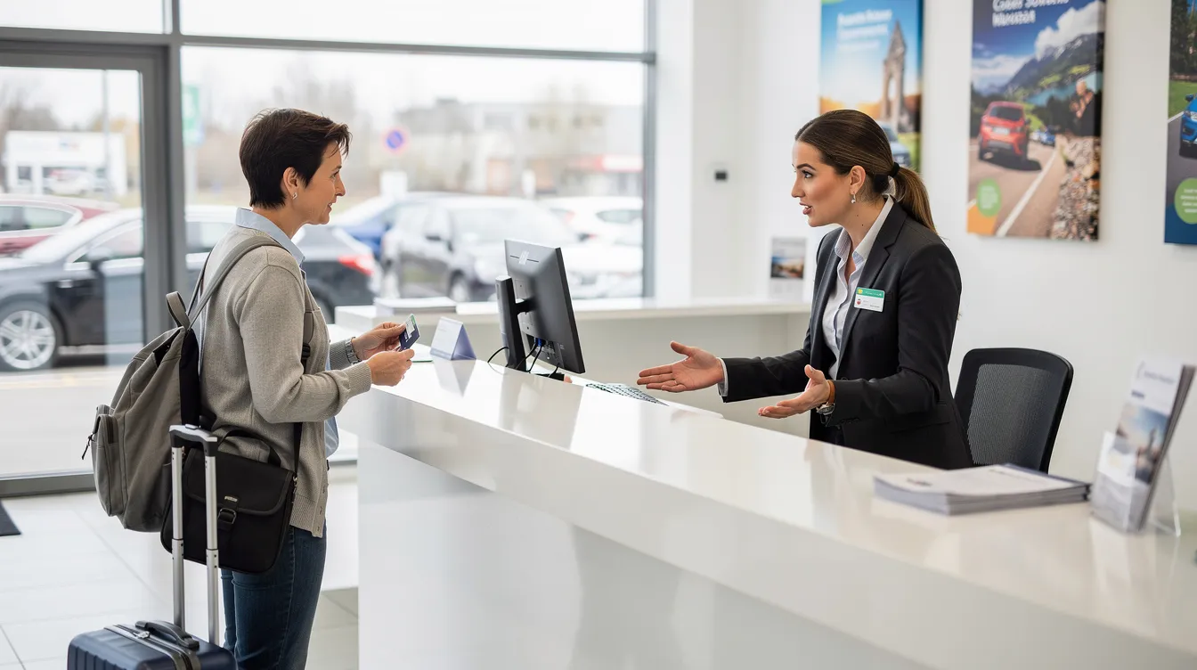 L'image montre un comptoir d'agence de location de voiture où un agent discute avec un client, probablement au sujet de la réservation d'un véhicule. On peut voir des brochures et un tableau affichant les tarifs et les conditions, incluant des informations sur les frais d'abandon et les options de prise en charge.