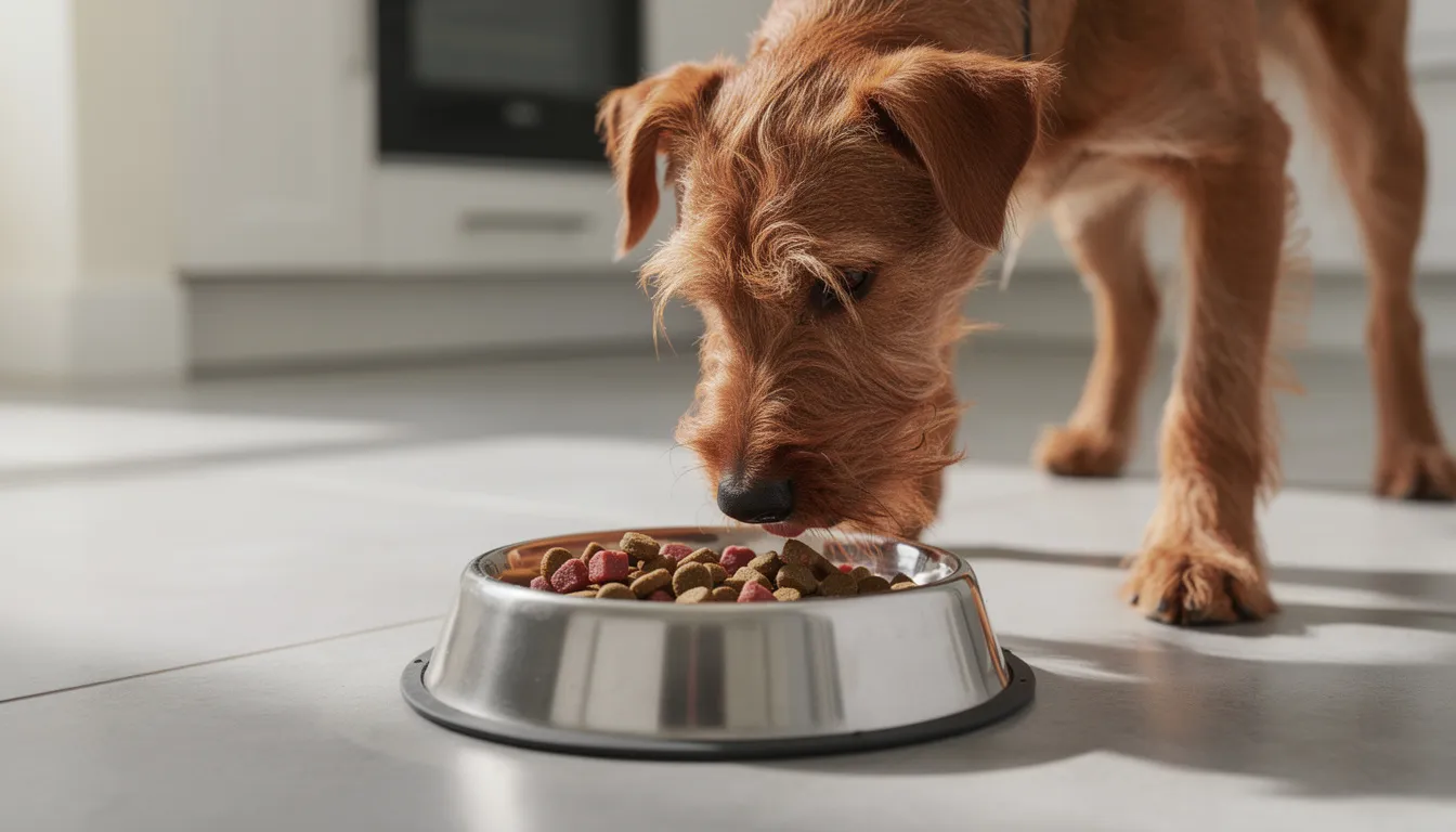 An adult Irish Terrier with a bright red coat is happily eating high-quality kibble from a dog bowl, showcasing its wiry fur and playful demeanor. The setting is a cozy indoor space, emphasizing the loving bond between the dog and its pet parents.