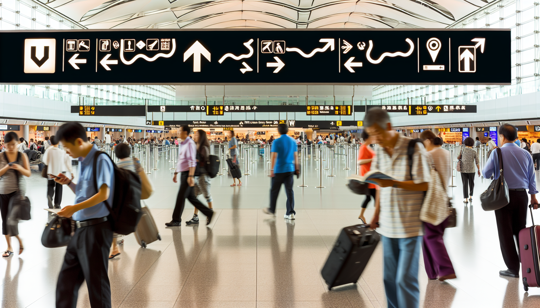 Interior of JFK Terminal 1 with passengers and airport facilities