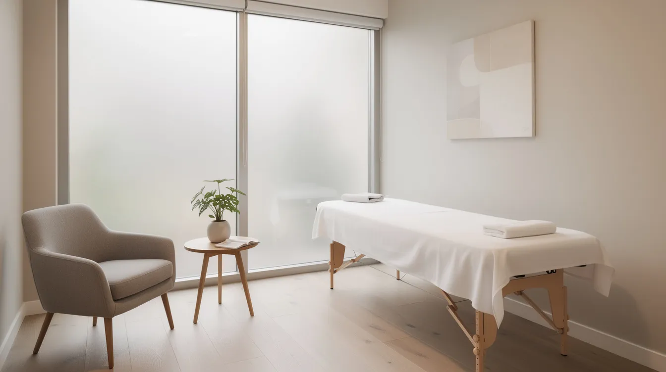 The image depicts a serene modern consultation room, featuring comfortable chairs, soft ambient lighting, and a treatment bed, creating an inviting space for body sculpting consultations. This environment is designed for Philadelphia patients seeking non-invasive body contouring treatments to address stubborn fat and achieve their cosmetic goals.