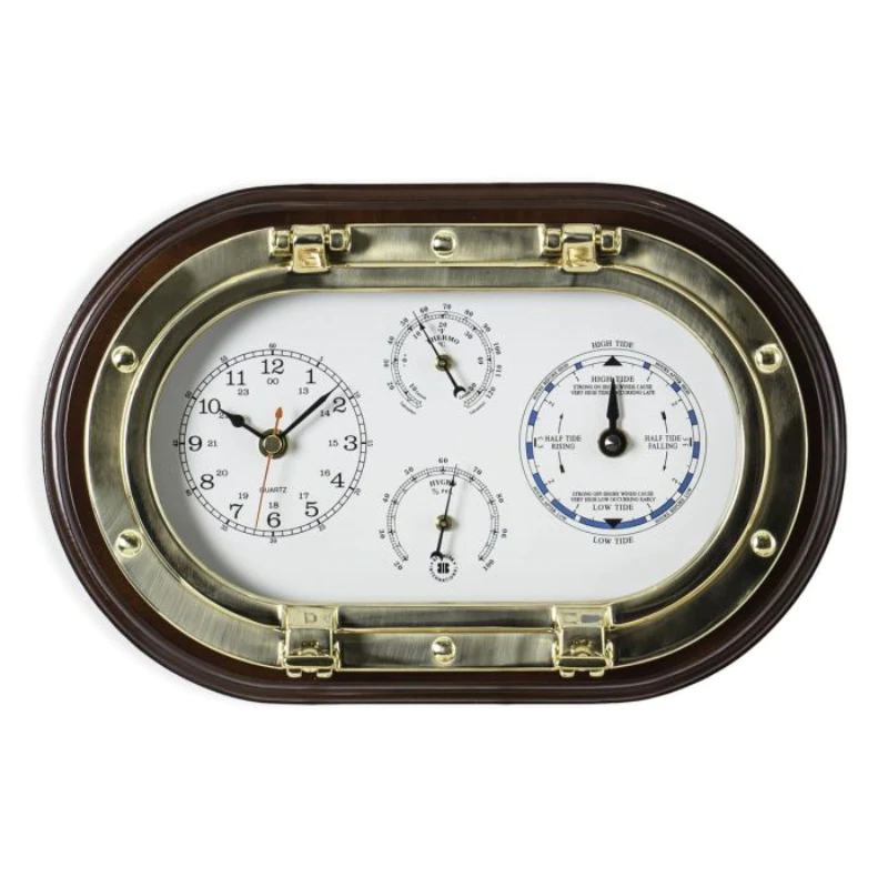 Bey-Berk Lacquered Brass Oval Porthole Quartz Tide and Time Clocks, Thermometer and Hygrometer on Mahogany Wood SQB579