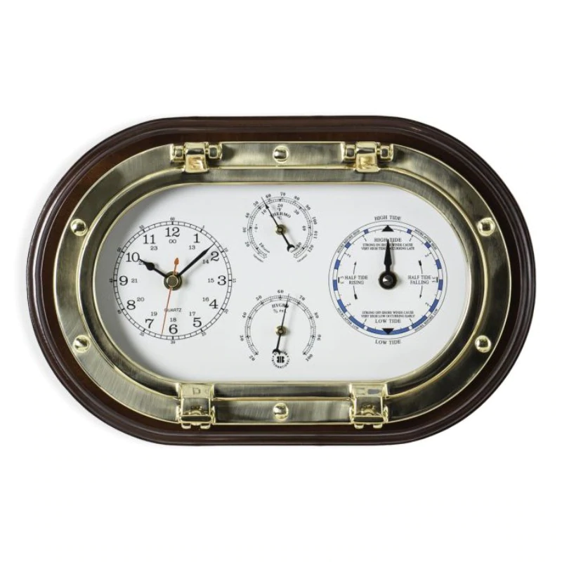 Weather Scientific Bey-Berk Lacquered Brass Oval Porthole Quartz Tide and  Time Clocks, Thermometer and Hygrometer on Mahogany Wood SQB579