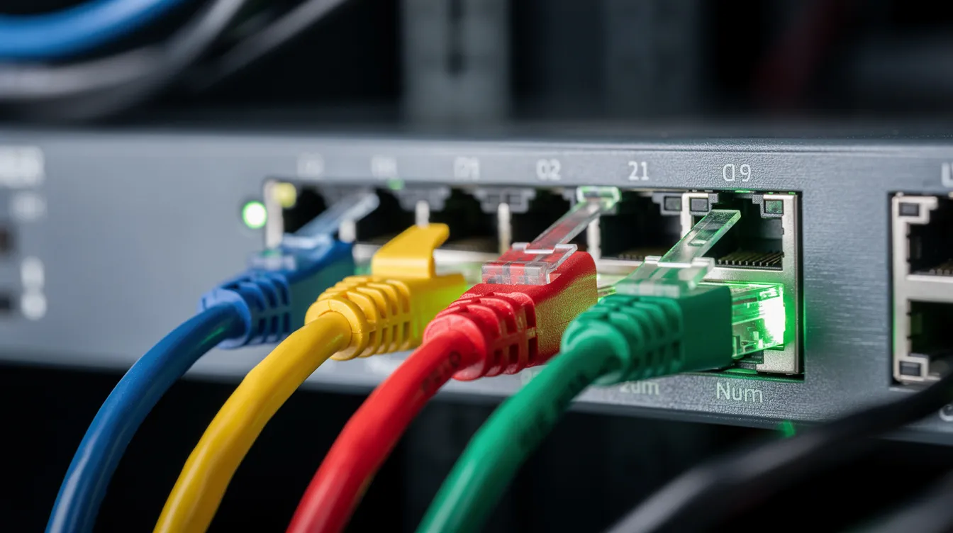 A close-up view of multiple ethernet cables connected to a network switch, illuminated by green status lights, indicating active connections. This setup is essential for shared hosting services, allowing multiple websites to operate efficiently on the same server resources.
