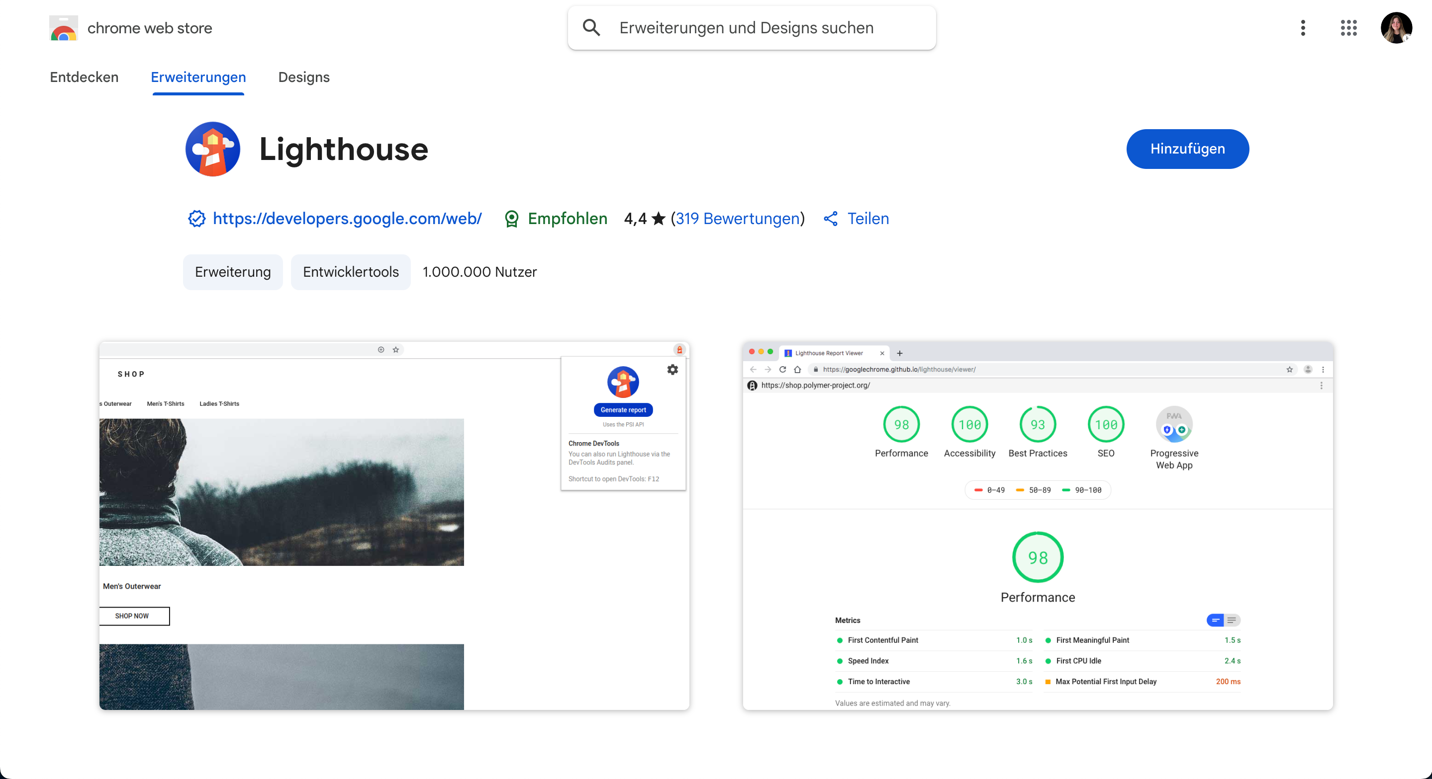 Screenshot von der Chrome Extension Google Lighthouse 