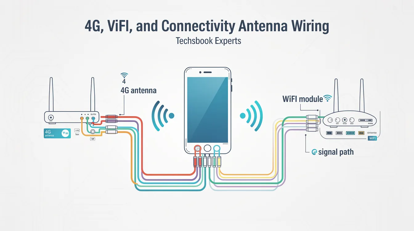 The image displays a detailed diagram of 4G, WiFi, and connectivity antenna wiring, showcasing various components connected to a mobile digital video recorder (MDVR) system. This setup is ideal for vehicles such as buses and trucks, enabling real-time video recording and GPS tracking for fleet management.