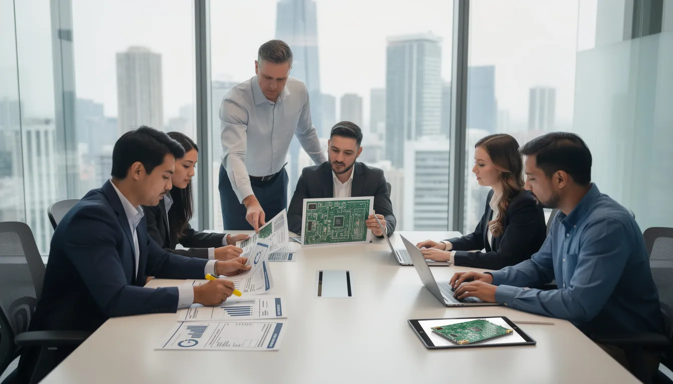 A professional team is gathered in a modern office, reviewing trade compliance documents alongside specifications for printed circuit board assemblies (PCBA) to ensure accurate classification and smooth customs clearance. They are focused on identifying the correct HS codes for PCBA and understanding international trade regulations to avoid costly delays and ensure compliance with customs authorities.