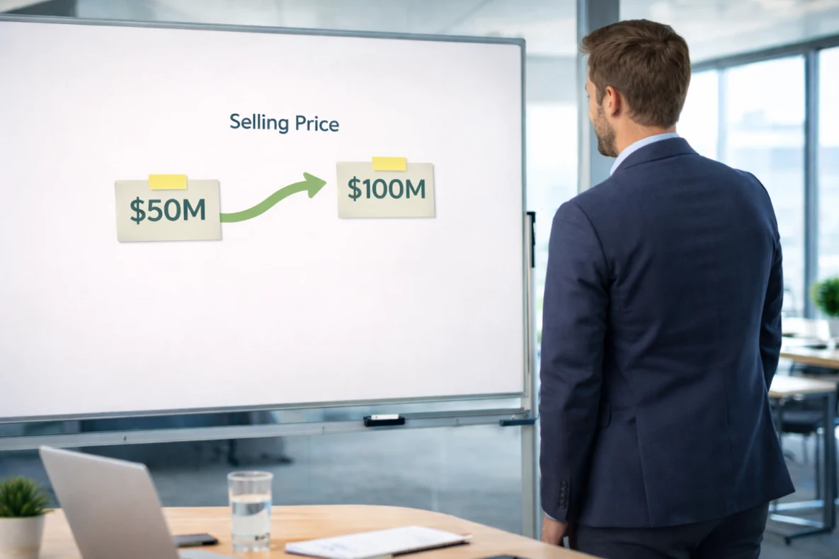 Man looks at the selling price on the whiteboard.