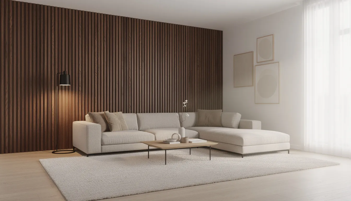 Een stijlvolle woonkamer met walnoot akoestische wandpanelen, een beige hoekbank en een groot vloerkleed, verlicht door een zwarte staande lamp. De warme uitstraling van de houten latten en de mooie kleur van de meubels creëren een sfeervolle ambiance.