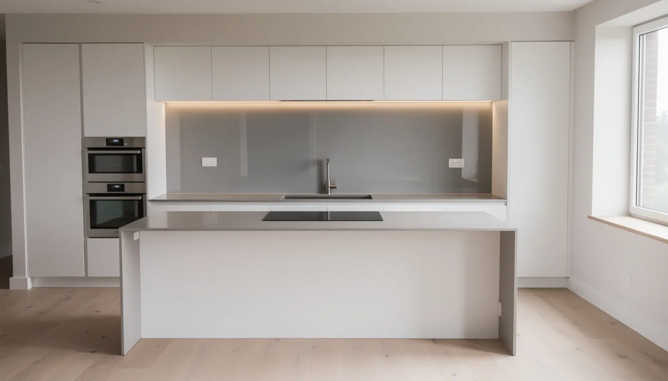 Een moderne keuken met een strak wandpaneel achter het aanrecht en kookeiland, die een luxueuze uitstraling en ruimtelijk gevoel biedt. Het helder glas laat veel lichtinval toe en draagt bij aan de moderne uitstraling van de ruimte.