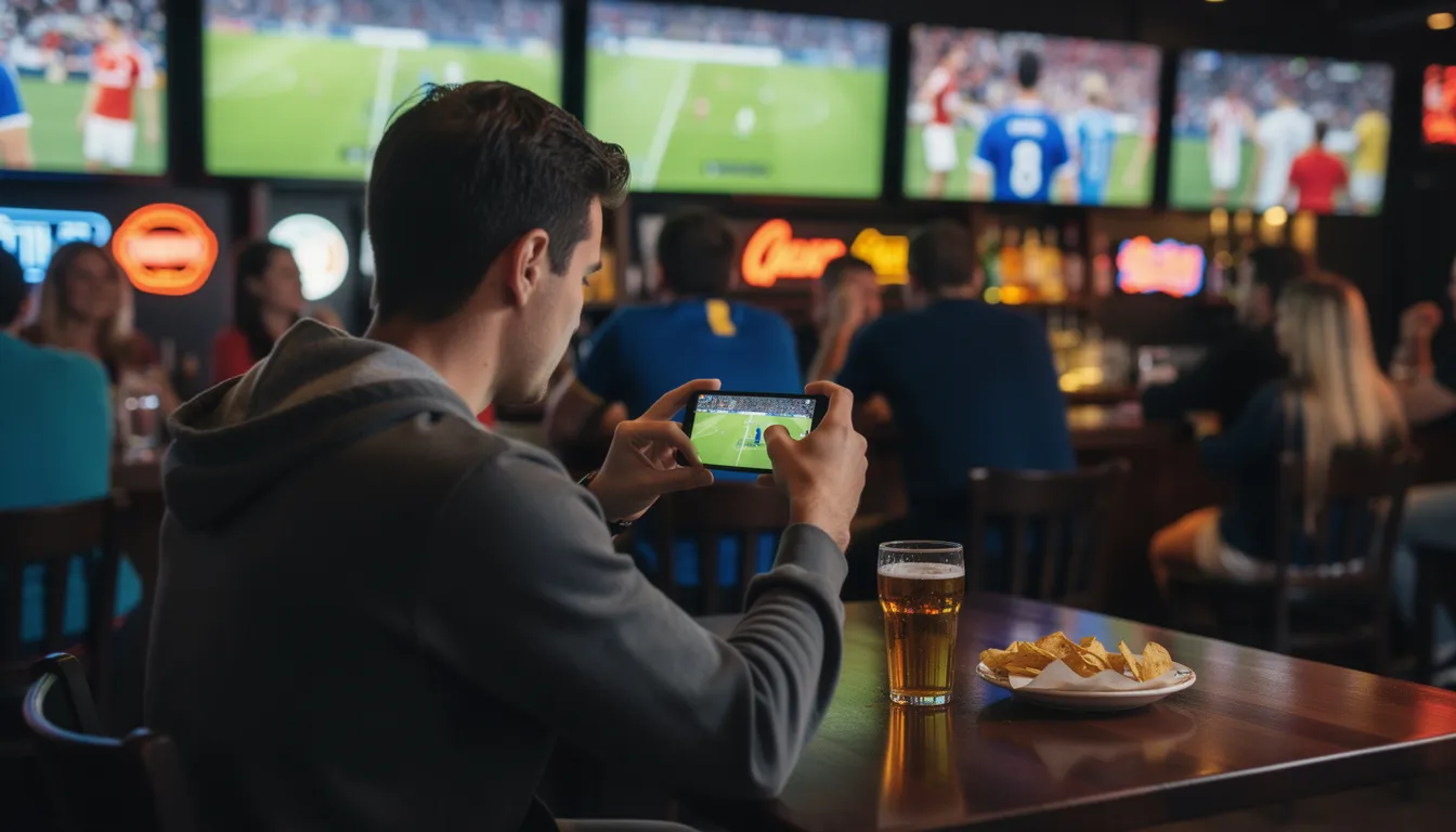 En person sitter i en sportbar och tittar på sport på sin mobiltelefon, omgiven av andra gäster som också följer matcherna. Atmosfären är livlig och spännande, med fokus på sportevenemang och bettingmöjligheter hos betmgm.