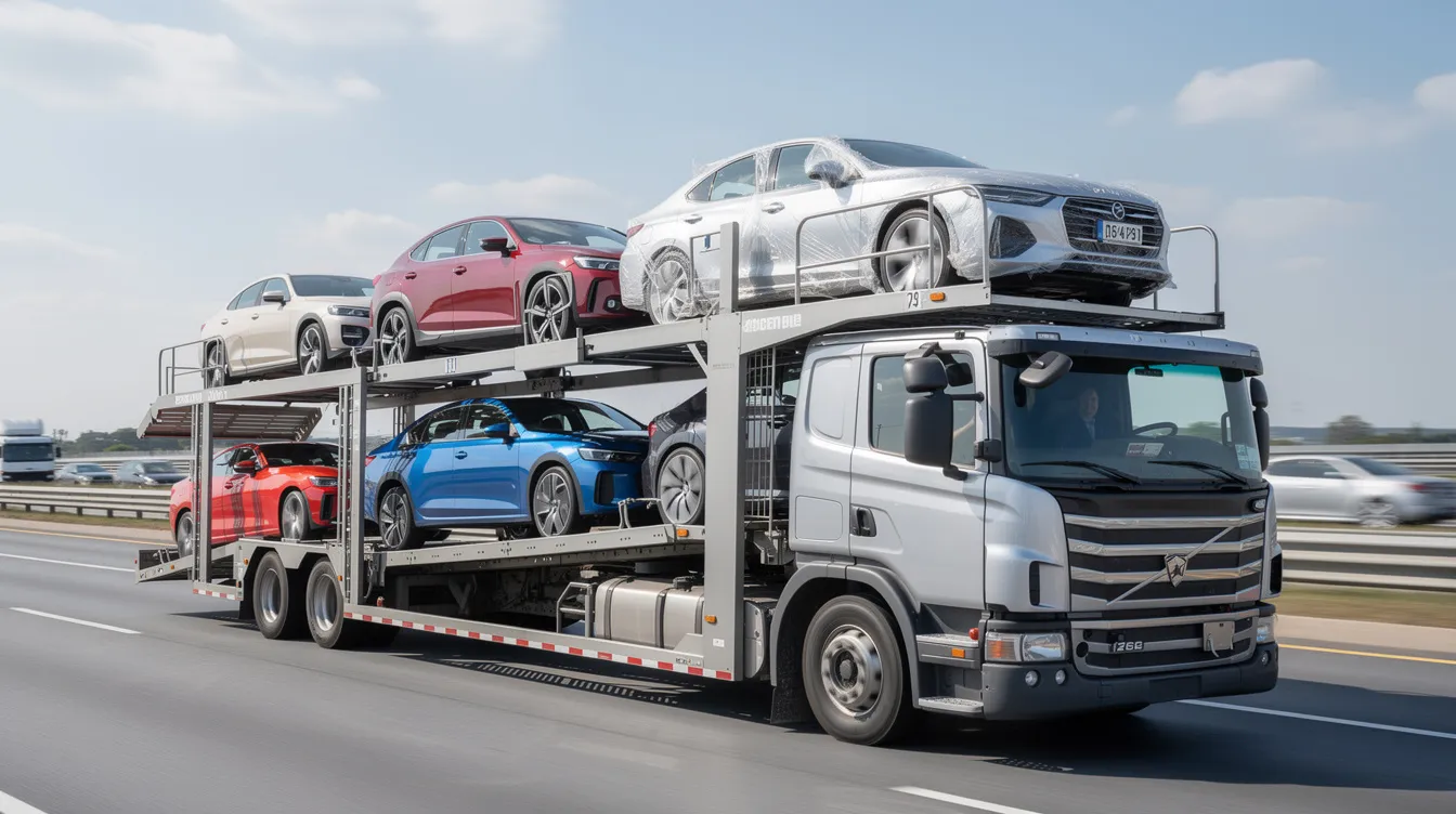 An open auto transport carrier is loaded with new sedans and SUVs, showcasing a range of finished vehicles ready for safe and secure transportation. The carrier highlights the efficient vehicle transport process utilized by oem auto companies, ensuring timely delivery of these pristine vehicles.