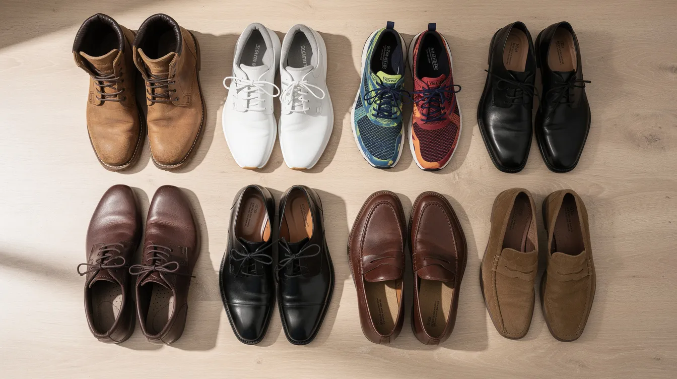 The image showcases a collection of various men's shoes, including stylish boots, casual sneakers, and elegant dress shoes, all neatly arranged on a light wooden surface. This versatile selection highlights options suitable for both casual wear and formal occasions, emphasizing comfort and style with features like cushioned soles and breathable materials.