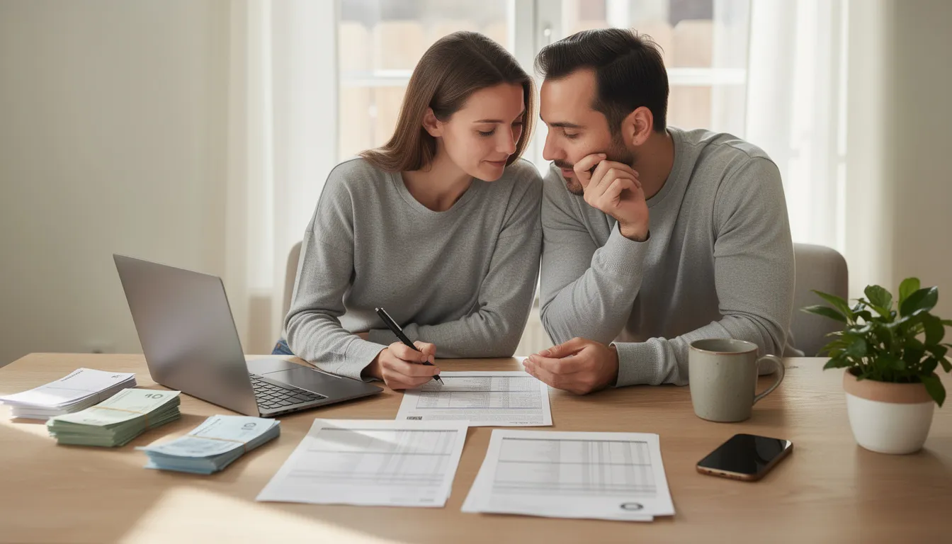 Couple reviewing financial documents for home loan options at a table