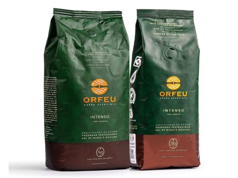 Embalagens de café da Orfeu com 250g e 1Kg. Imagens: www.amazon.com.br.