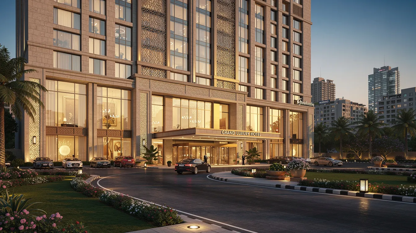 The image depicts the grand exterior of a luxury hotel, featuring an elegantly landscaped driveway set against the backdrop of a modern Indian city. This stunning hotel represents a significant investment in the hospitality sector, showcasing potential for hotel financing and project finance opportunities.